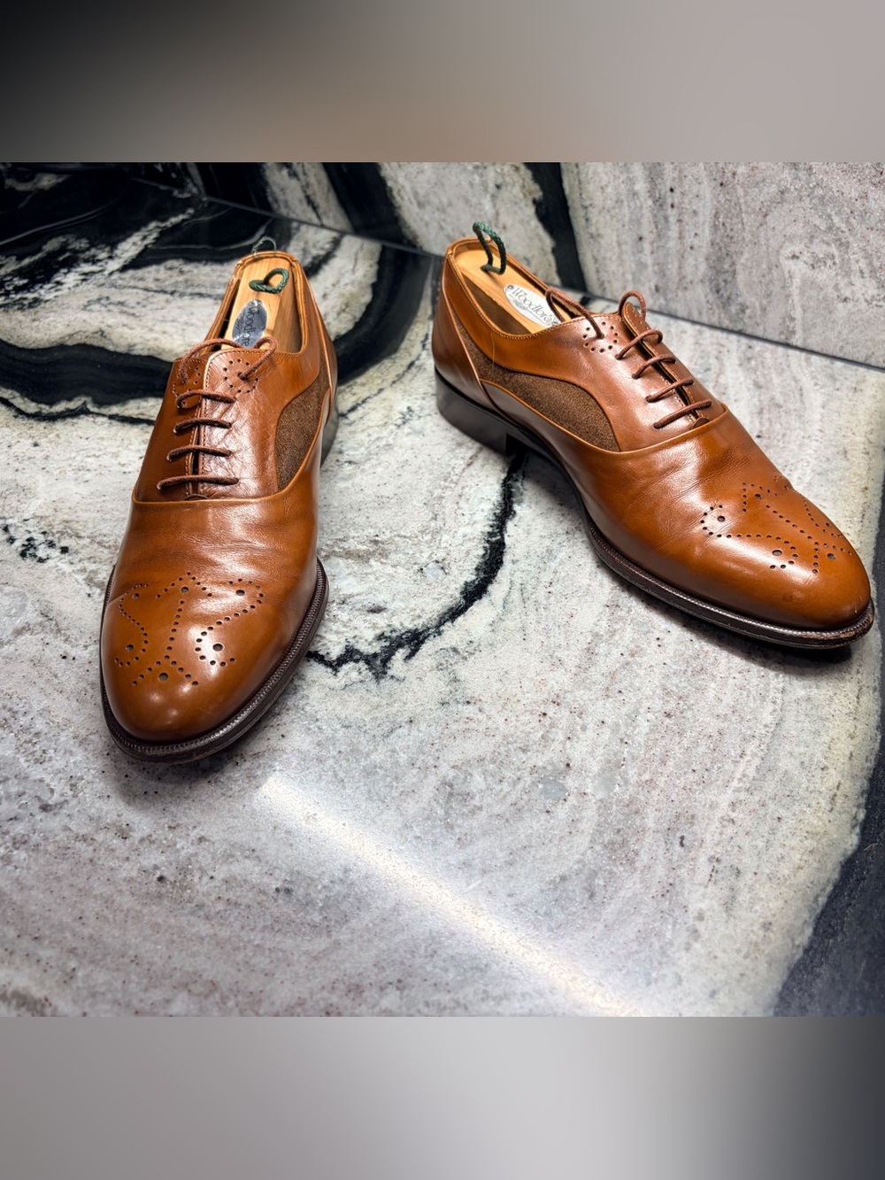 Santoni Handmade Italy Brown Leather & Suede Wingtip Oxfords UK 9 US 10 Rare - Picture 2 of 11